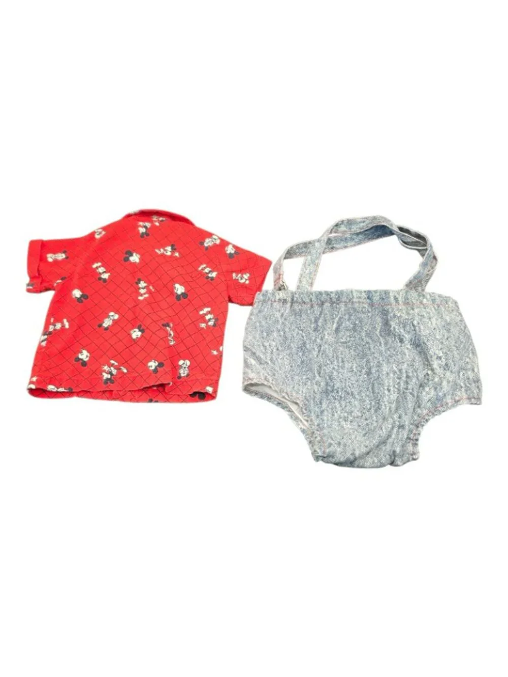 Vintage Disney Kids Baby Mickey Mouse Red Shirt Denim Overalls Newborn to 6 Mos